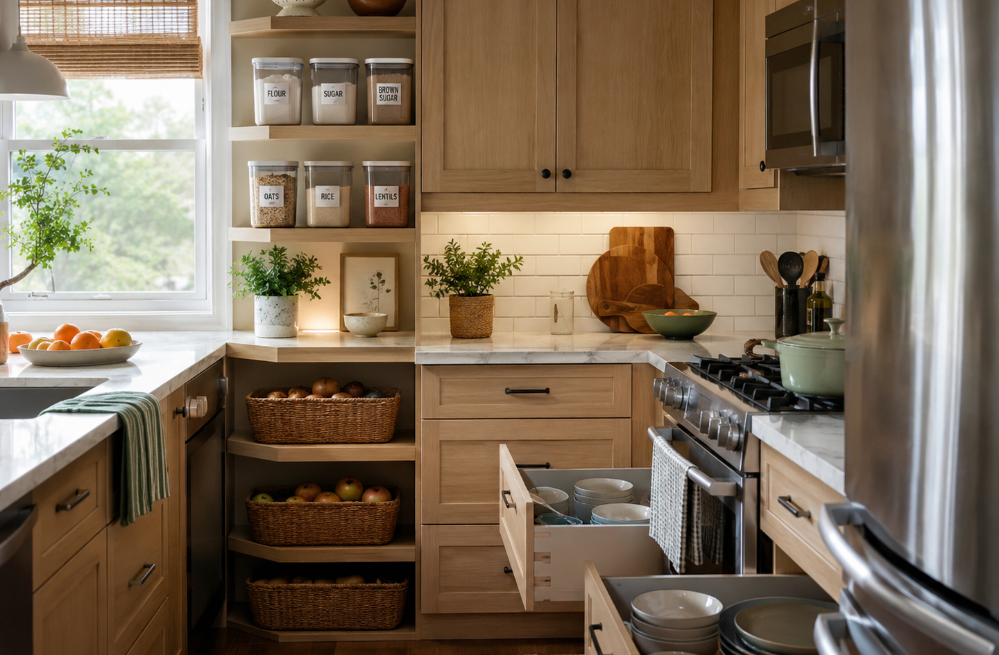 A warm kitchen with light oak cabinetry and a marble countertop, where a central drawer is pulled open to show nested bowls, while open corner shelves hold labeled pantry containers and woven baskets of fresh produce.