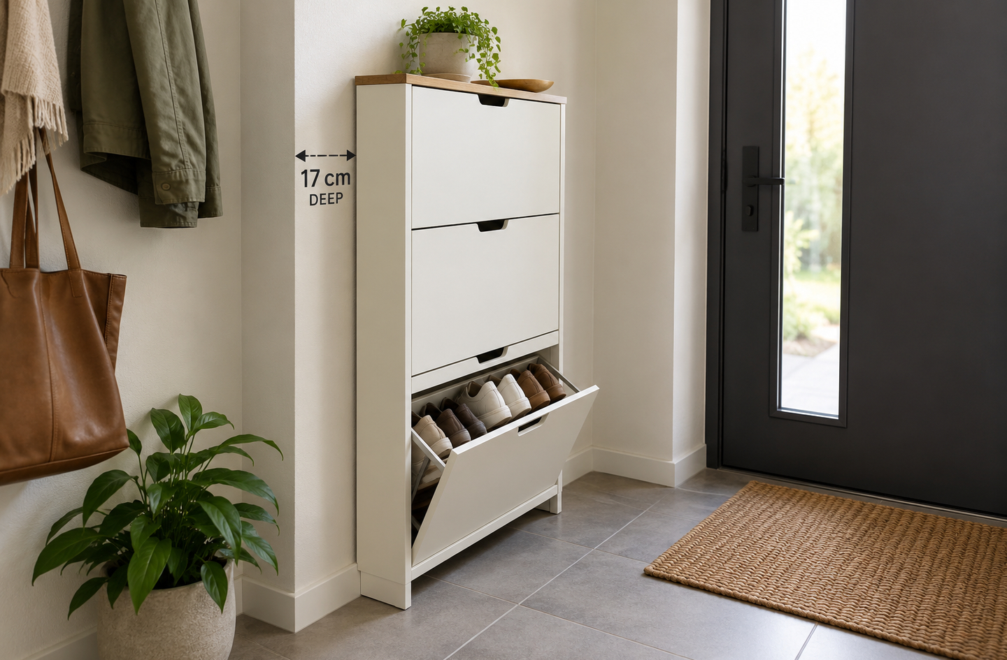 A narrow off-white shoe cabinet with three tilt-out drawers stands against a wall in a modern entryway, next to a dark-framed glass door, a potted plant and a hanging coat.