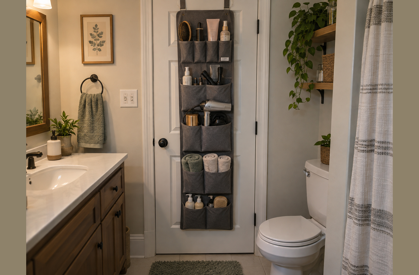 Over-the-door organizer for small bathroom storage holding hair tools, toiletries, and rolled towels