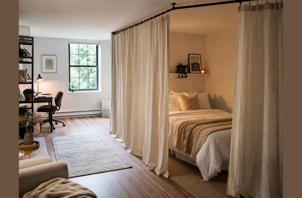 Floor-to-ceiling light curtains on a ceiling-mounted rail act as a fabric room divider between a sleeping area and a living space, the kind of partition often sold as a soundproof room divider.