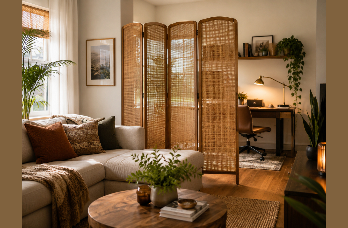 Four-panel rattan room divider separating a living room seating area from a home office while letting light through