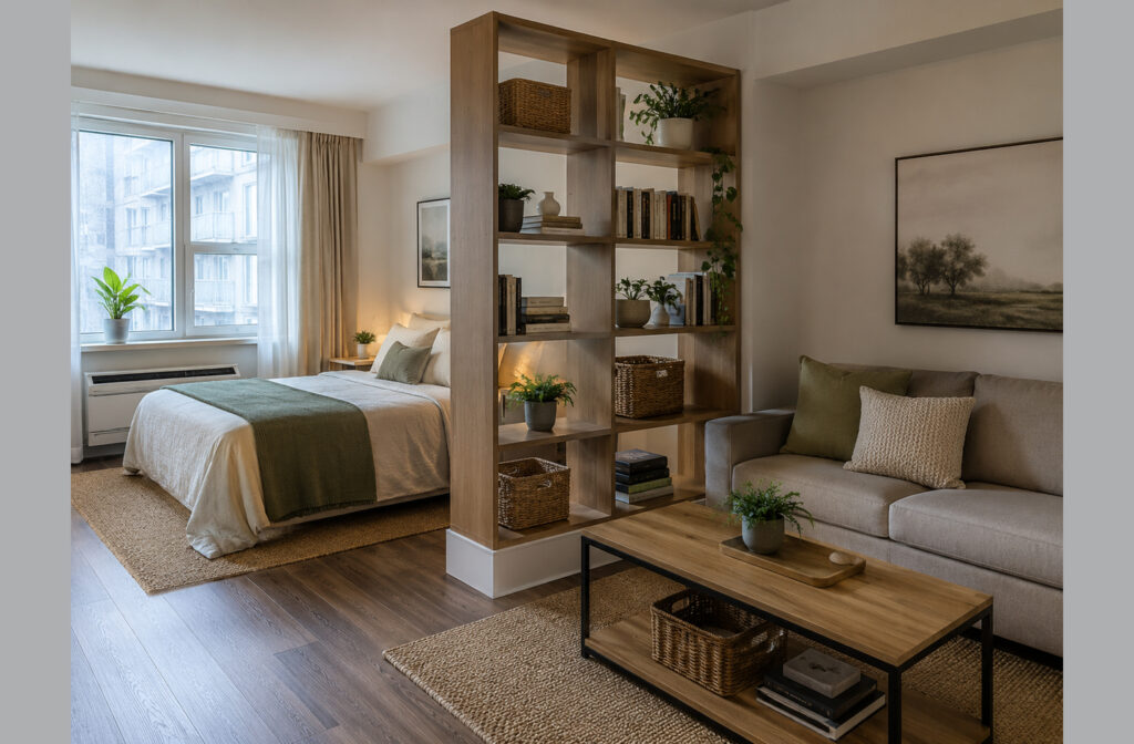 Wooden open-shelf room divider separating a bedroom from a living area while natural light passes between the zones