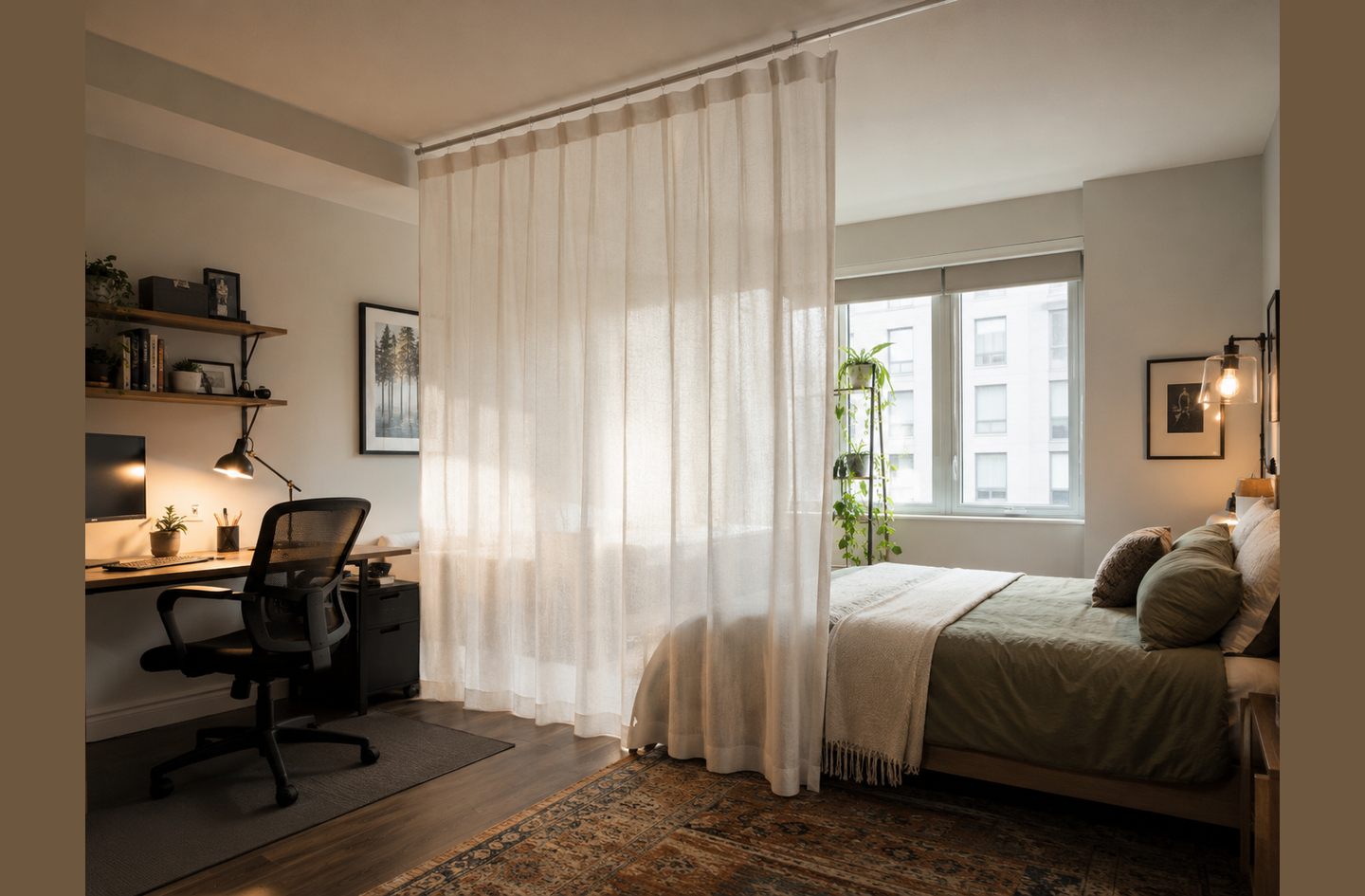 A sheer, ceiling-mounted room divider curtain separates a workspace from a sleeping area in a small apartment, zoning the room without a permanent wall.