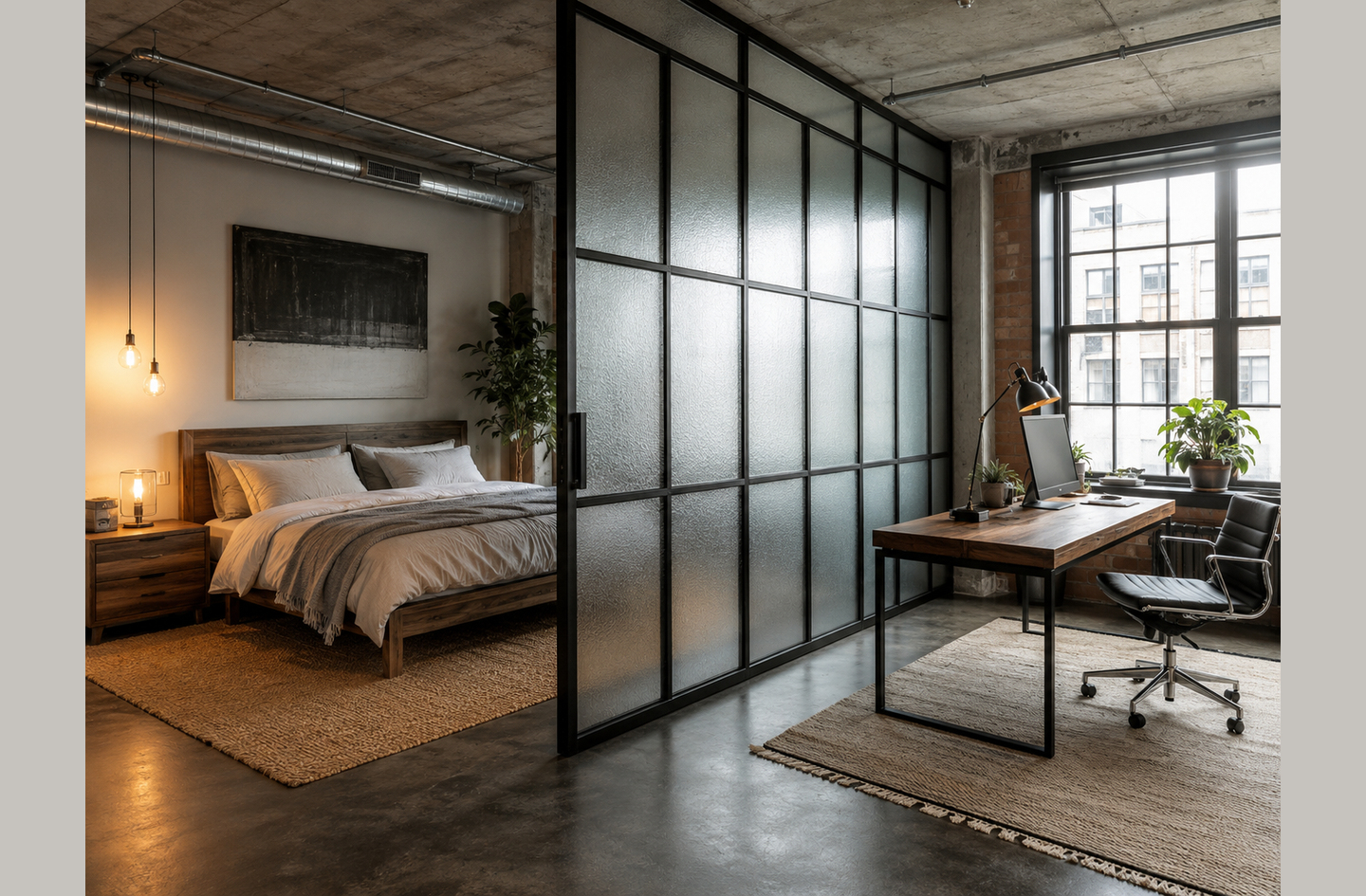 An industrial-style loft bedroom and home office separated by a glass and metal room divider that zones the space while keeping it open and bright.