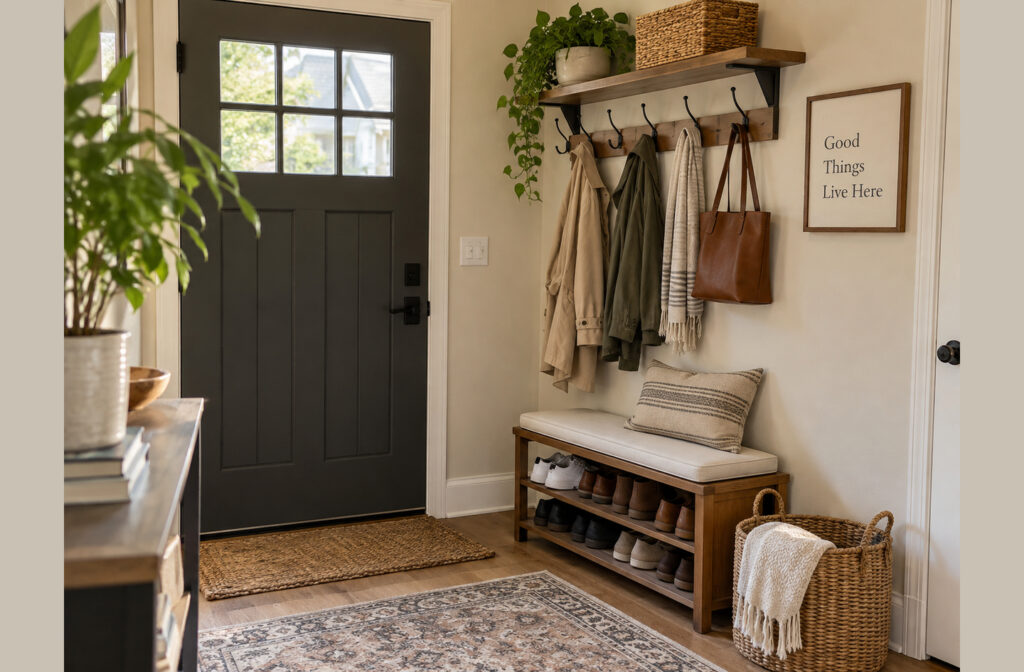 Small entryway storage with a wooden bench and shoe shelving, a wall-mounted coat rack with a top shelf, and a woven floor basket