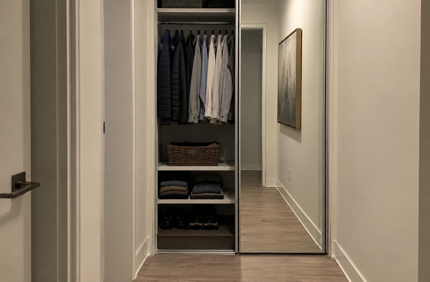 Small hallway closet organization ideas in practice: a built-in hallway closet holds hanging clothes, folded garments and shoes beside a floor-to-ceiling mirror on light wood flooring.