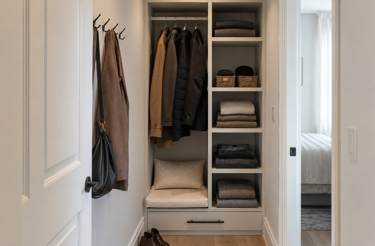 A built-in closet beside a hallway with neat shelves of folded clothing above a small bench and a bottom drawer, next to a freestanding coat rack holding a hanging bag.