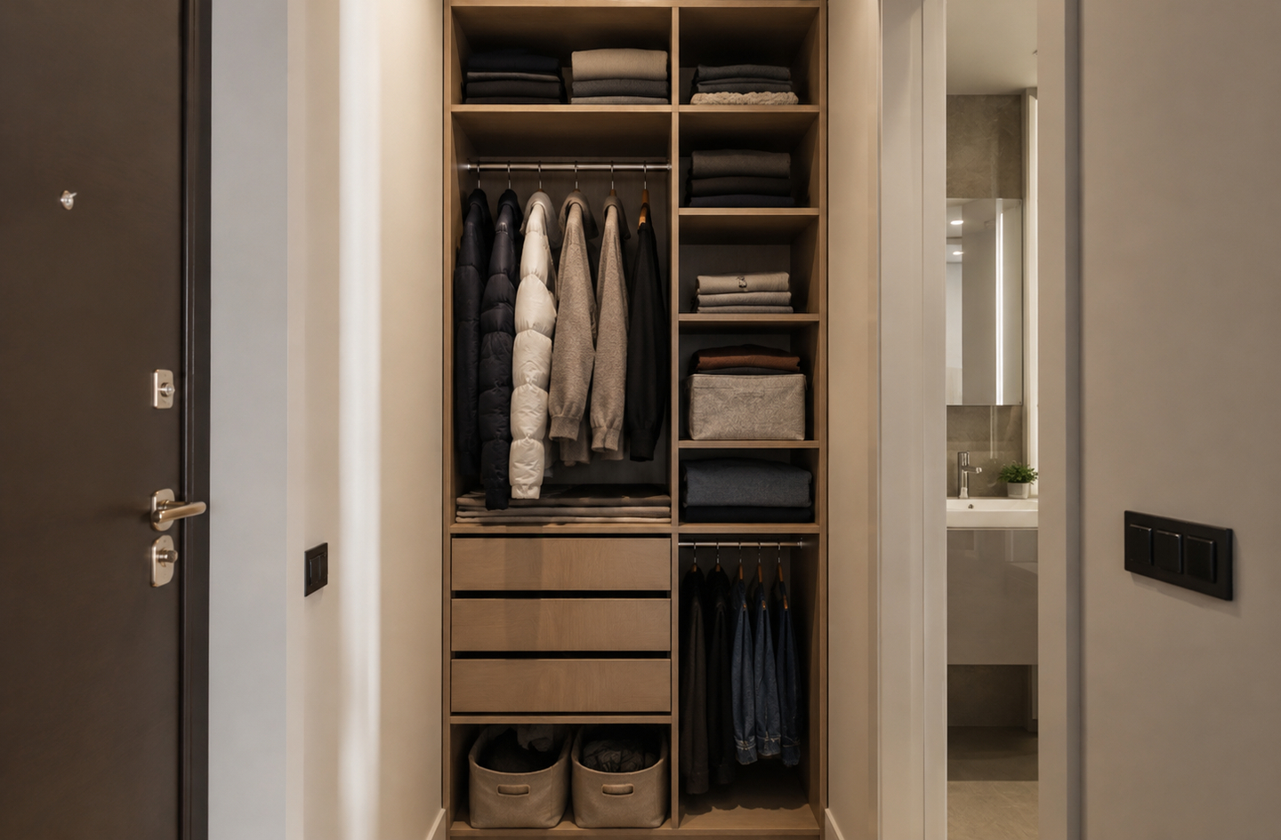 A small closet redesign in practice: a modern wooden wardrobe in a hallway with separate compartments for folded clothes, hanging garments and pull-out storage bins, beside a doorway into a bright bathroom.