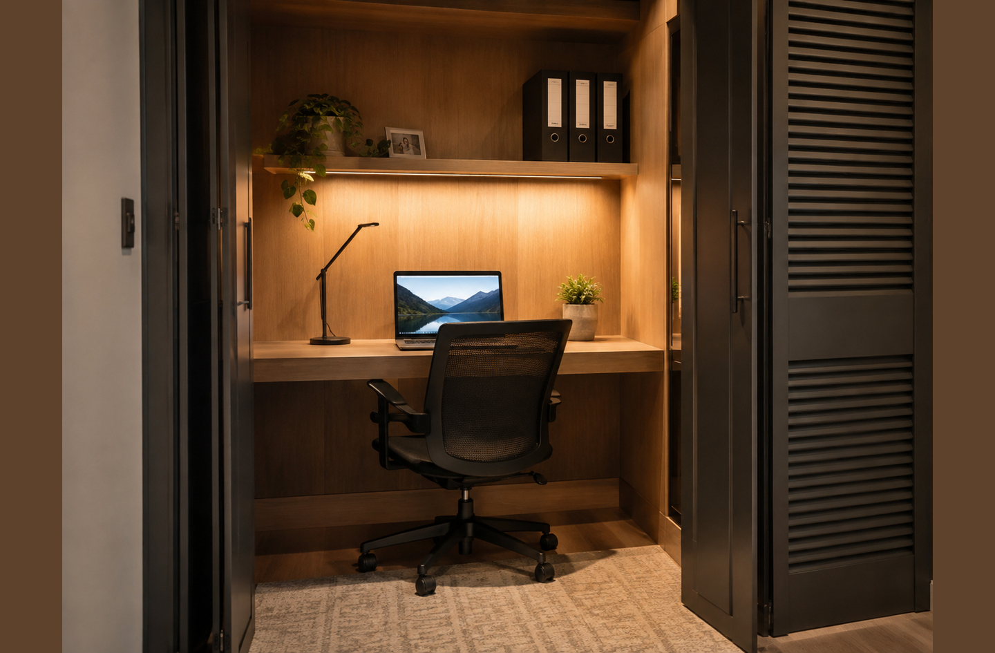 A compact desk set inside a wood-paneled alcove with warm under-shelf LED lighting, a laptop, a desk lamp and an office chair, framed by louvered doors that can close the workspace off.