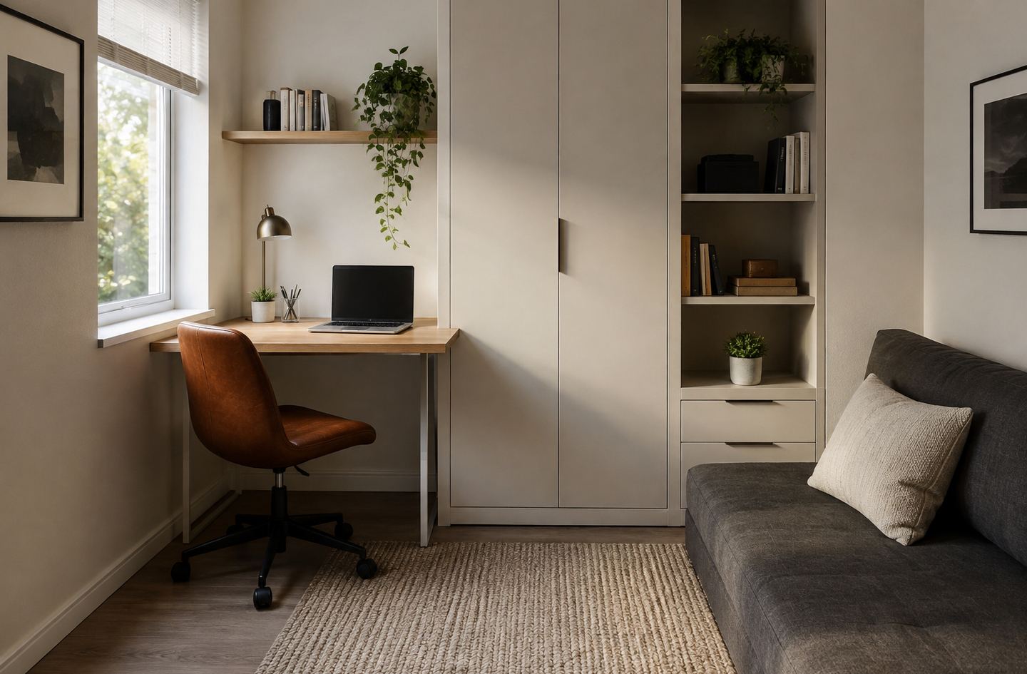 Small home office with a wooden desk under a window beside floor-to-ceiling open shelving and a dark gray sofa