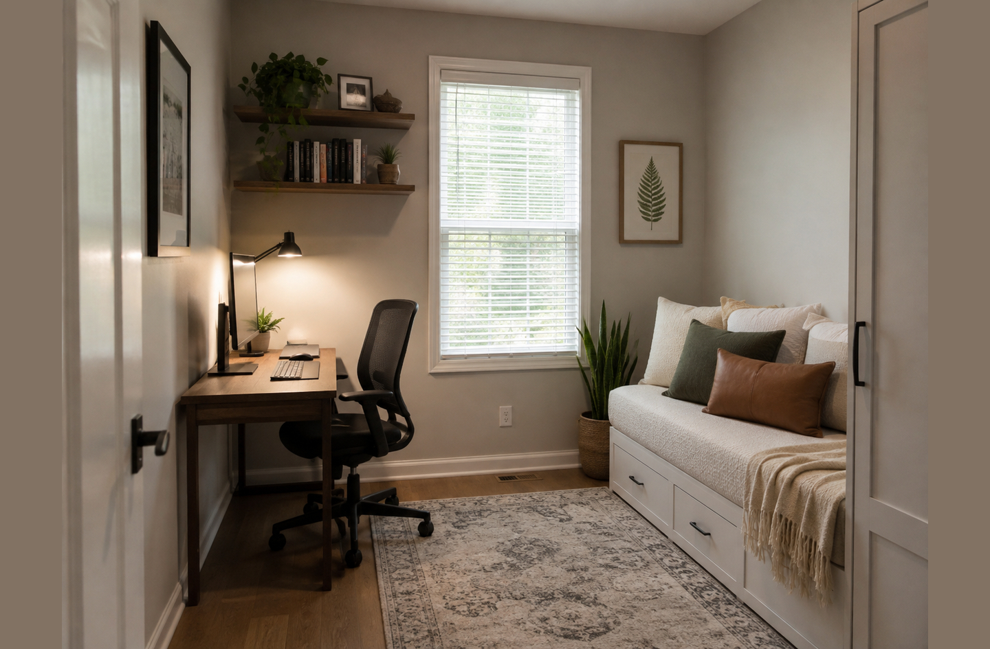 One of the small home office guest room ideas in practice: a wooden desk and black ergonomic chair under floating shelves, beside a white daybed with storage drawers and a window with blinds.