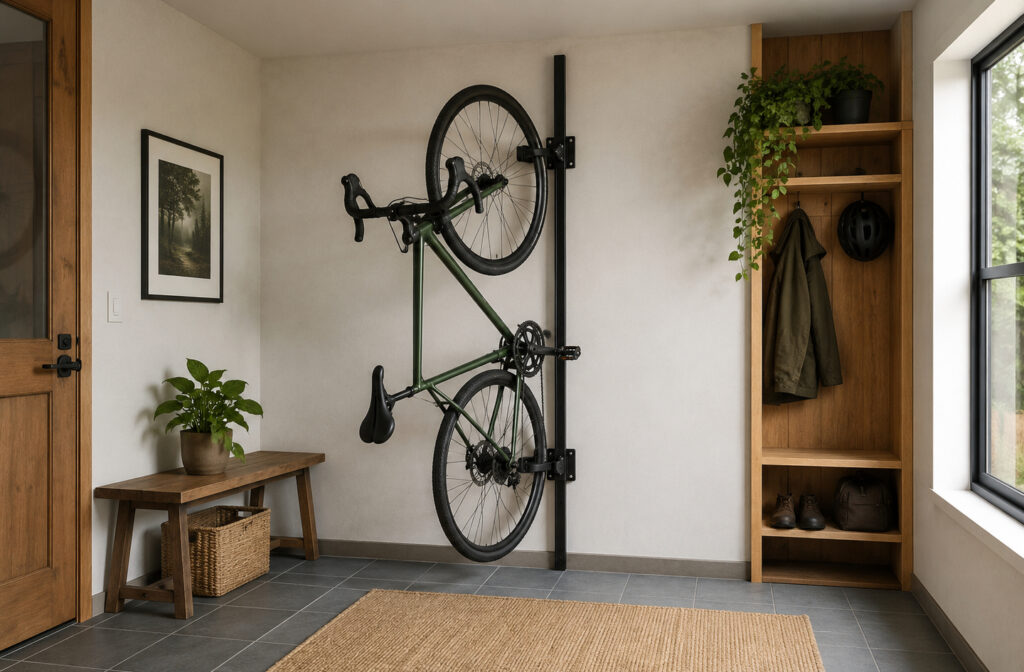 Vertical storage in a small entryway with a green bicycle on a wall-mounted track beside a built-in wooden shelving unit