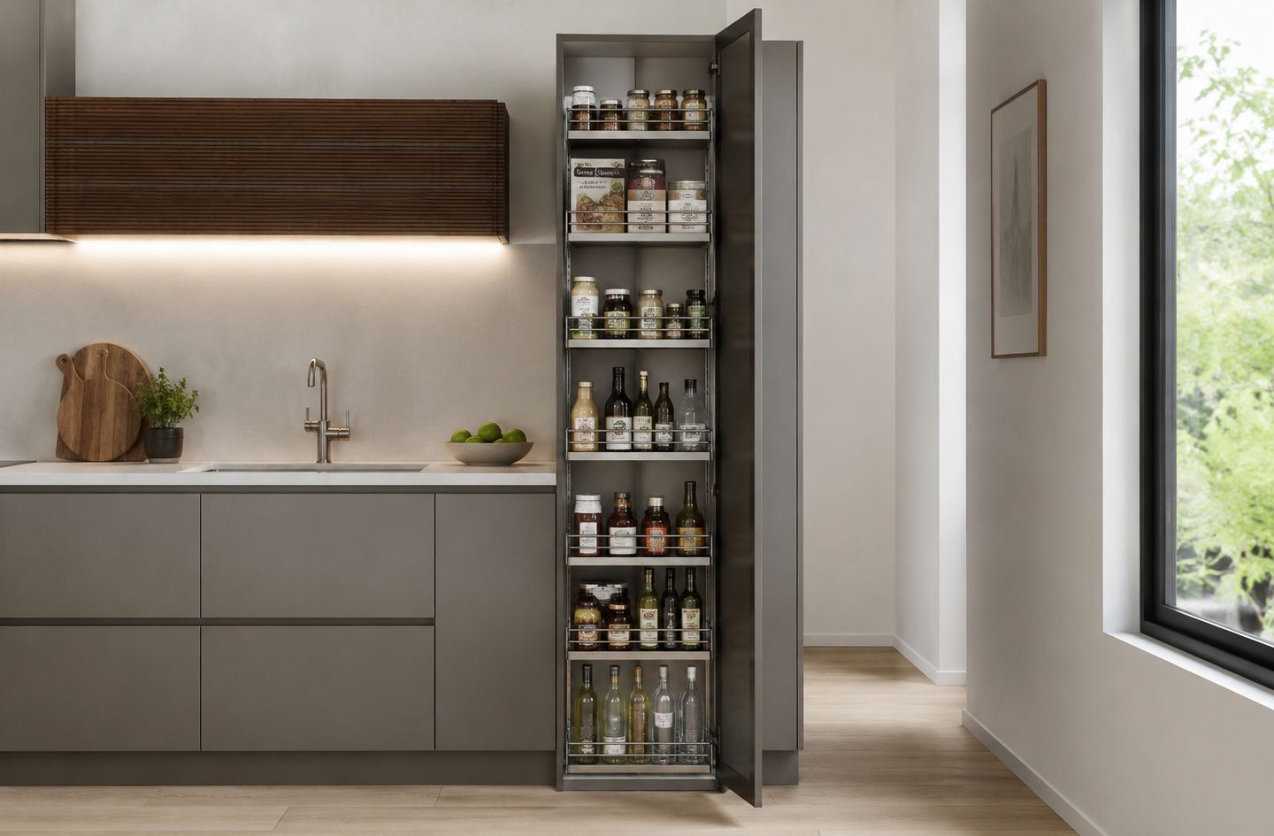 Pull-out pantry tower in a small kitchen with matte gray cabinets, stocked with bottles and jars beside a slatted wooden upper cabinet over the sink