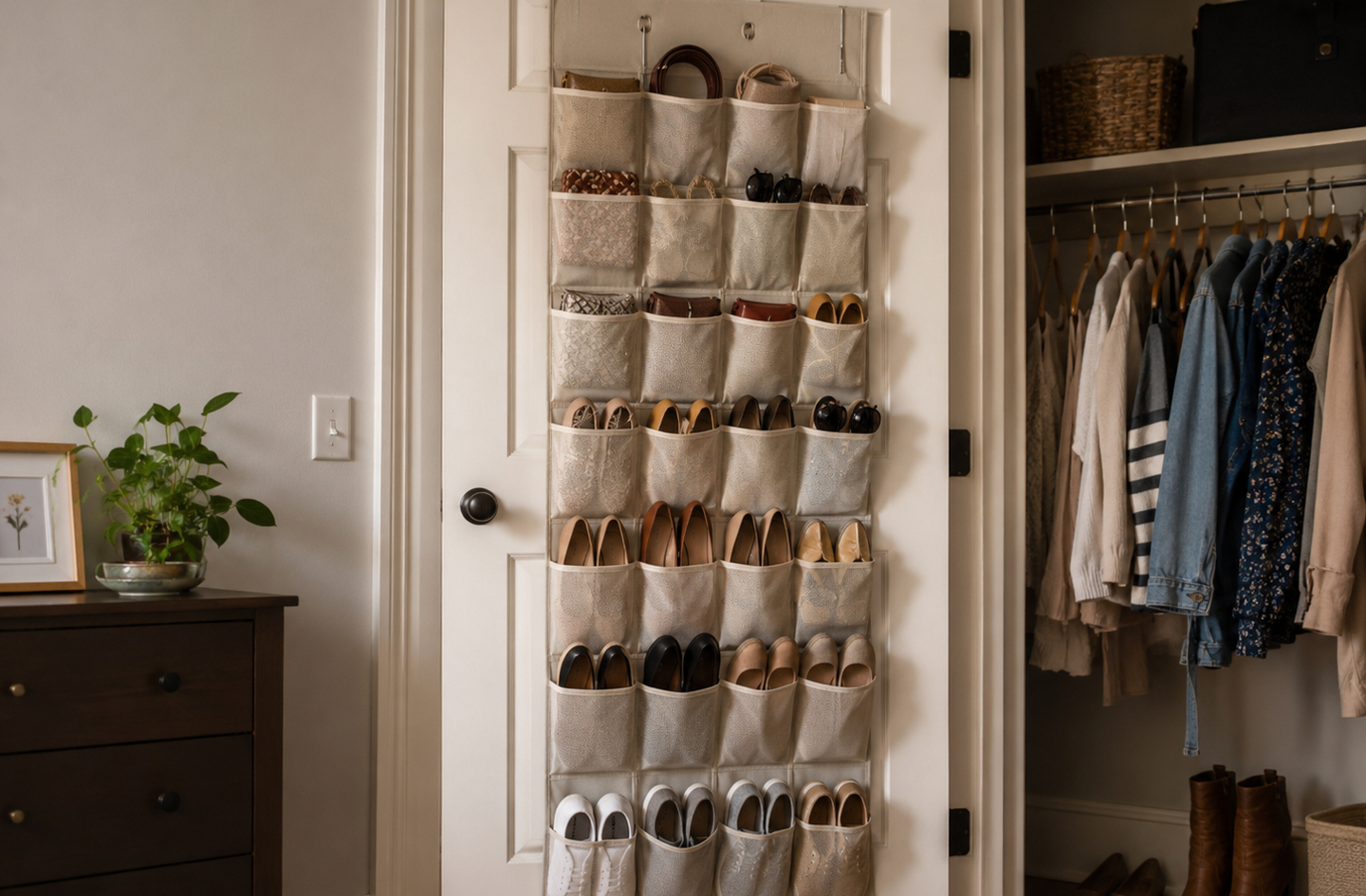 Over-the-door hanging organizer filled with shoes and accessories beside a small closet of hanging clothes and a dresser