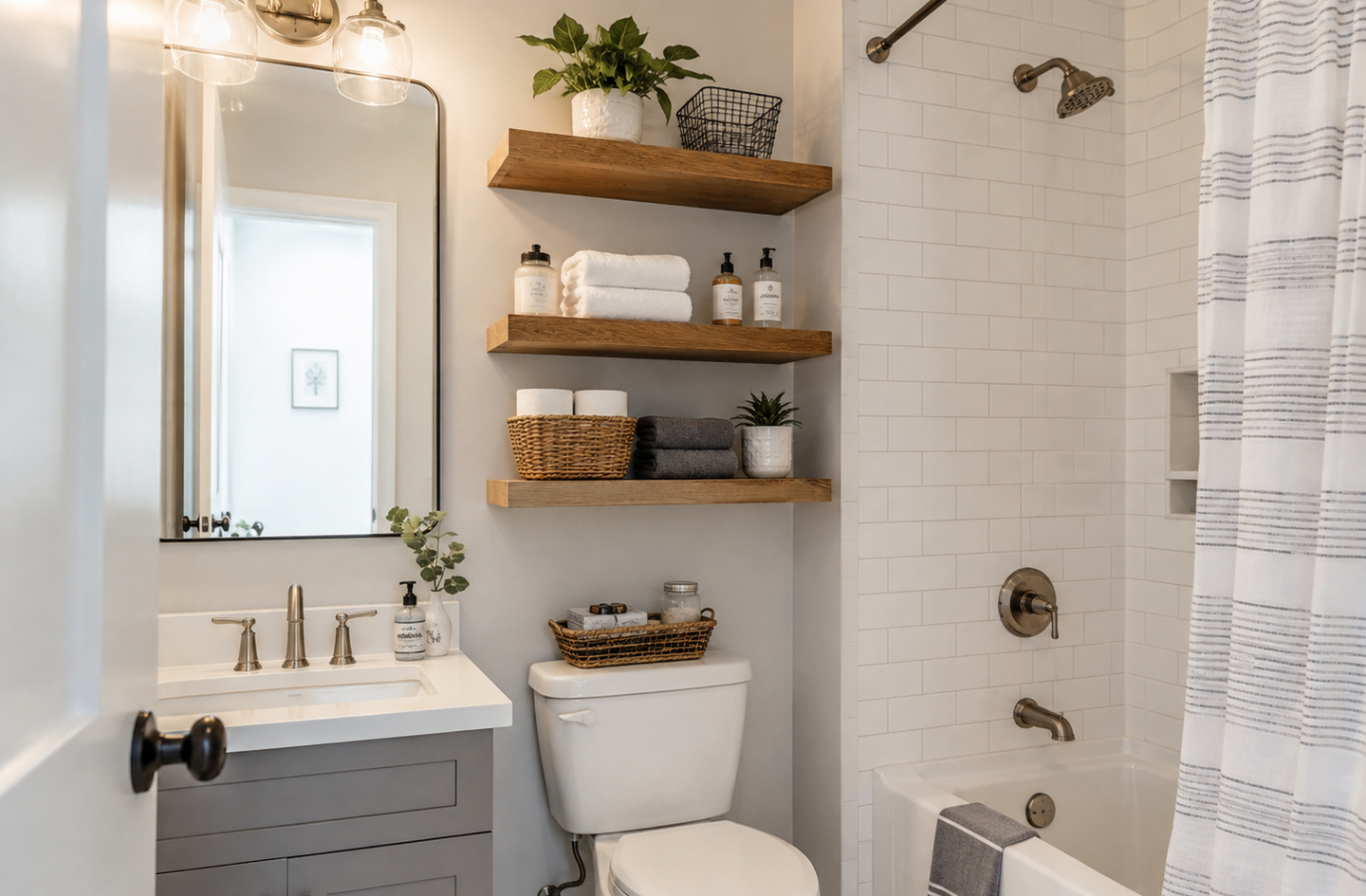Small bathroom storage with three wooden floating shelves above the toilet beside a gray vanity and a subway-tiled shower