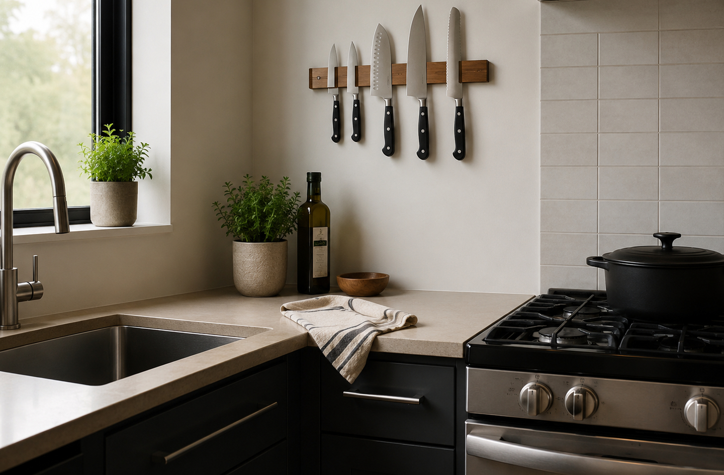 A wooden knife rack holding five knives mounted on the wall above a kitchen counter, beside a gas range and a stainless steel sink.