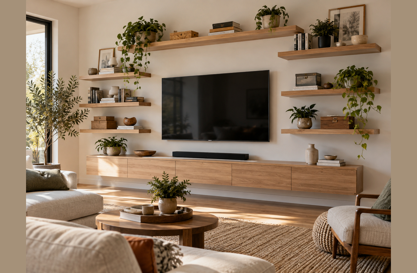 Vertical storage with light wood floating shelves around a wall-mounted TV above a floating media console